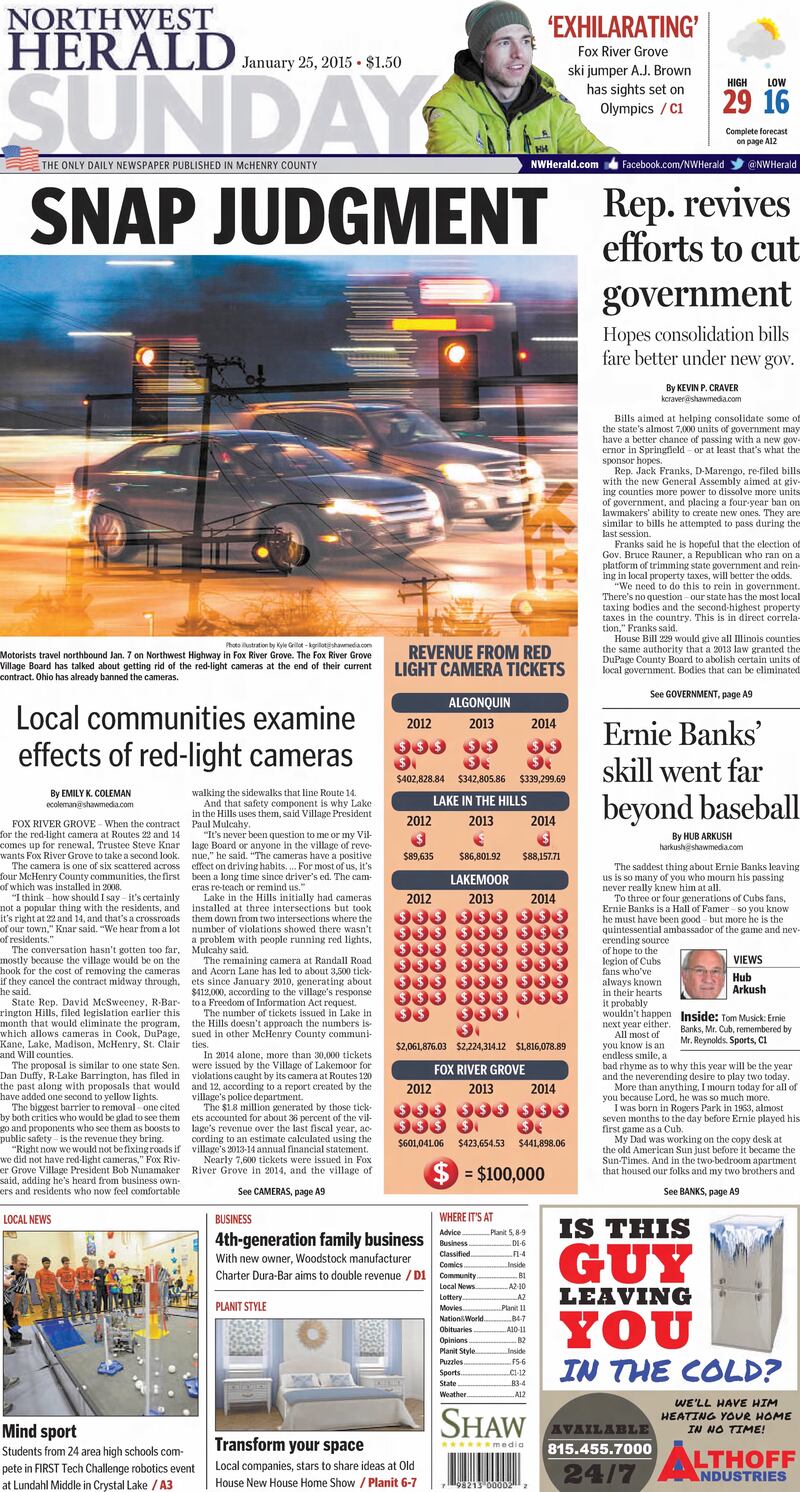 The cover of the Northwest Herald for Jan. 25, 2015