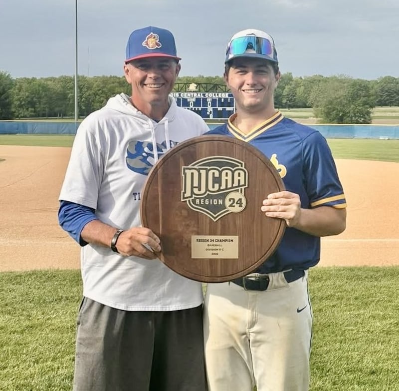 Illinois Central College sophomore Ryan Brucker of Princeton was named second-team All Midwest All-Conference. He's pictured with his dad, Tony, a Princeton High School assistant coach and Stanford Olympia baseball alum, after the Cougars won the Region 24-C championship on May 9.