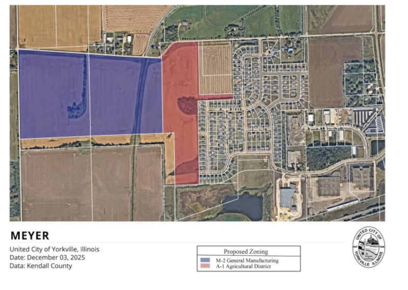 The Meyer data center proposal has been updated to include a rezoning request for two western parcels, totalling 91 acres, for data center usage. The eastern 37-acre parcel is remaining zoned multi-family residential after resident pushback.