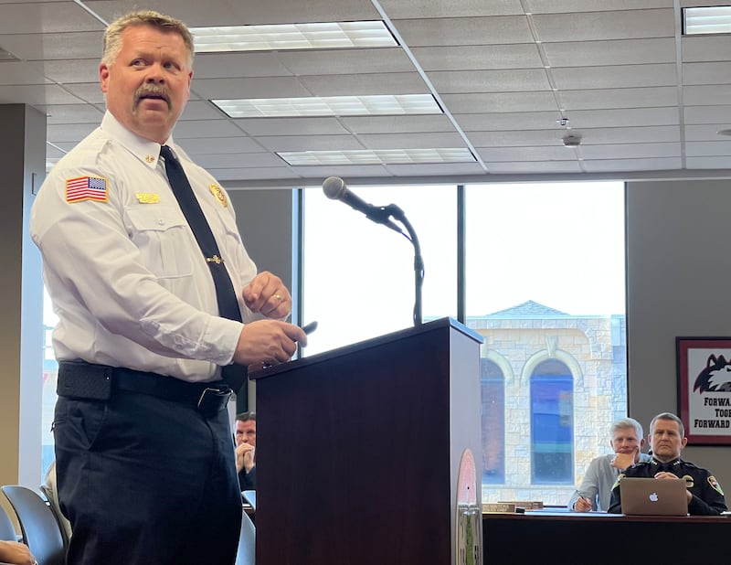 Sycamore Fire Chief Bart Gilmore, then interim, looks at a Powerpoint slide during a May 15, 2023, Sycamore City Council meeting.