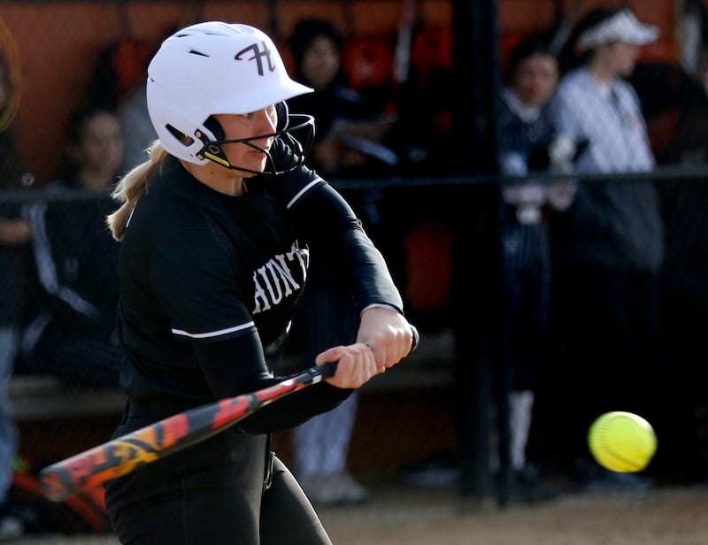 Huntley's Lyla Ginczycki hits a double during a Fox Valley Conference softball game against Crystal Lake Central on April 7, 2026, at Crystal Lake Central High School.