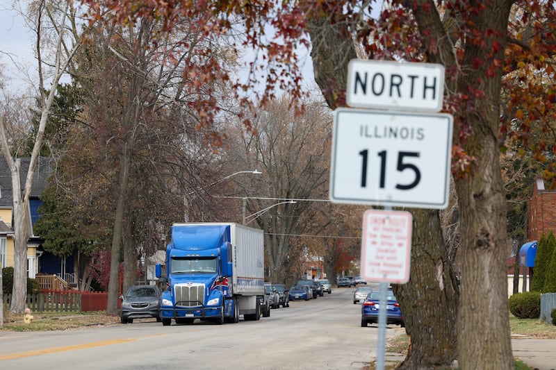 A semi-truck travels south along Route 115 toward the intersection with Jeffrey Street in Kankakee. This portion of Route 115 - U.S. Route 45/52 (West Water Street) to Jeffery Street - is set for a rebuild project by the Illinois Department of Transportation in spring 2028.