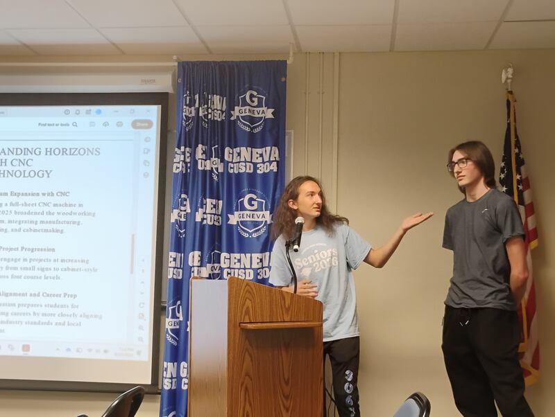 GenevaD304Woods-BS1.jpg
Geneva High School seniors Ben Bond (left) and Sebastian Manning speak to the District 304 school board about the woodworking classes Monday, Sept. 22, 2025.