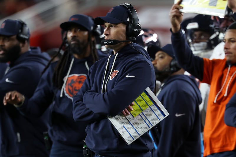 Chicago Bears head coach Ben Johnson watches from the sideline during the first half of an NFL football game against the San Francisco 49ers in Santa Clara, Calif., Sunday, Dec. 28, 2025. (AP Photo/Jed Jacobsohn)