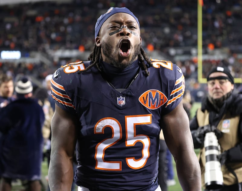 Chicago Bears running back Kyle Monangai celebrates after their 22-16 overtime win over the Green Bay Packers Saturday, December 20, 2025, at Soldier Field in Chicago.