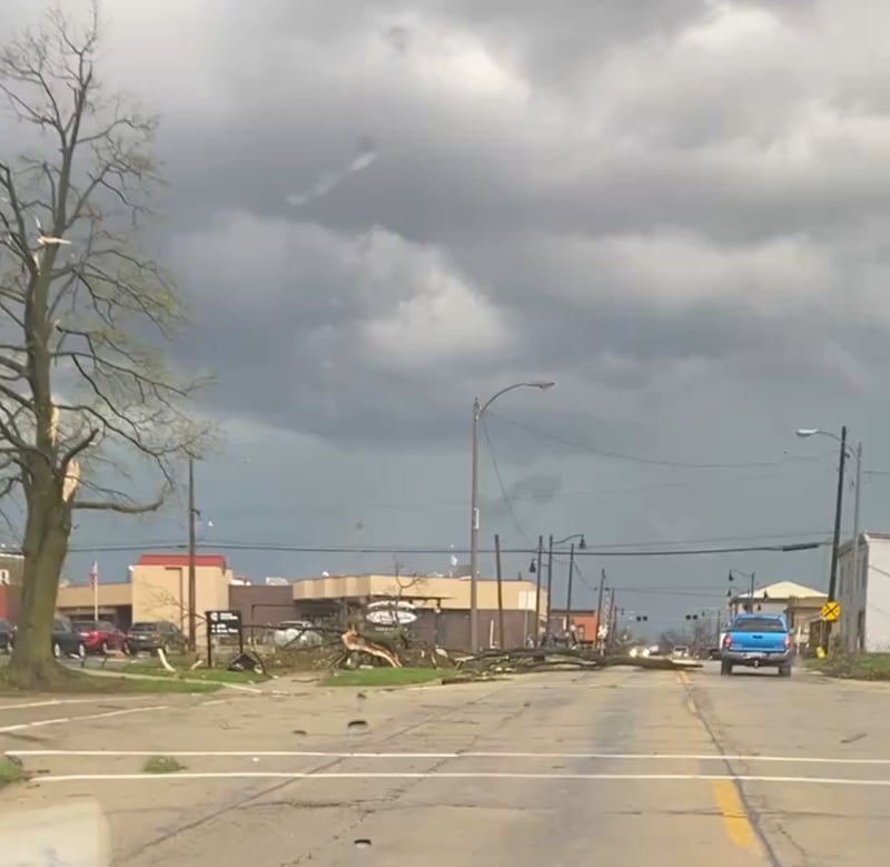 Damage from a major storm in Lena, Illinois, is shown on Friday, April 17, 2026 in Lena, Ill. (Rachel Nemon via AP)