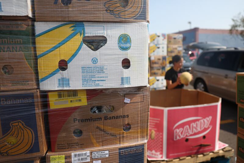 Boxes of fruit are stacked outside the Will County Office Building for the Free Food Giveaway on Saturday, July 27, 2024 in Joliet. Will County and the city of Joliet partnered with ShareFest Will County to give out food and gift cards to help with recovery from last week’s severe storms.