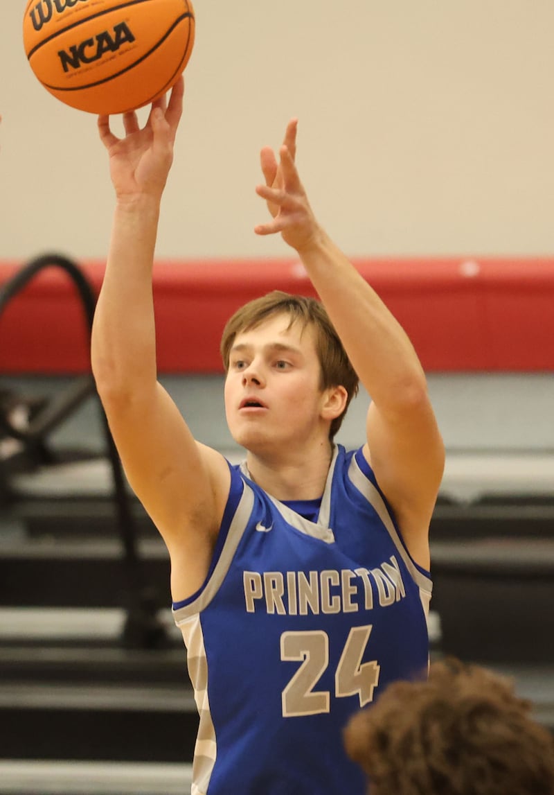 Princeton's Ryan Jagers made a 3-point basketball to give Princeton a 59-58 lead with 38 seconds on the way to a 63-58 win at Kewanee Friday night.
