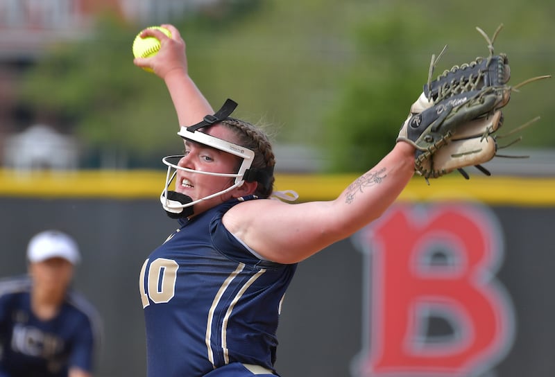 IC Catholic pitcher Madelynn Dinino delivers to a Stillman Valley hitter during the Class 2A Benedictine Supersectional game on June 1, 2026 at Benedictine University in Lisle.