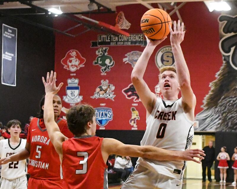 Indian Creek's Everett Wills (0) take s a shot on Wednesday Feb. 26, 2025, while being defended by Aurora Christian's Preston Morel (3) during the game held at Indian Creek High School.