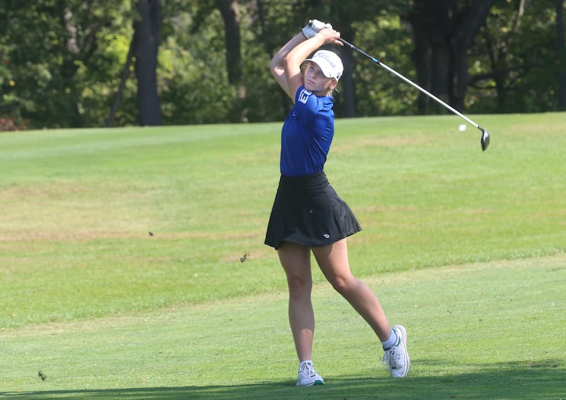 Princeton's Hanna Clainborne hits towrard the 9th hole during the Class 1A Regionals on Tuesday, Sept. 30, 2025 at Spring Creek Golf Course in Spring Valley.