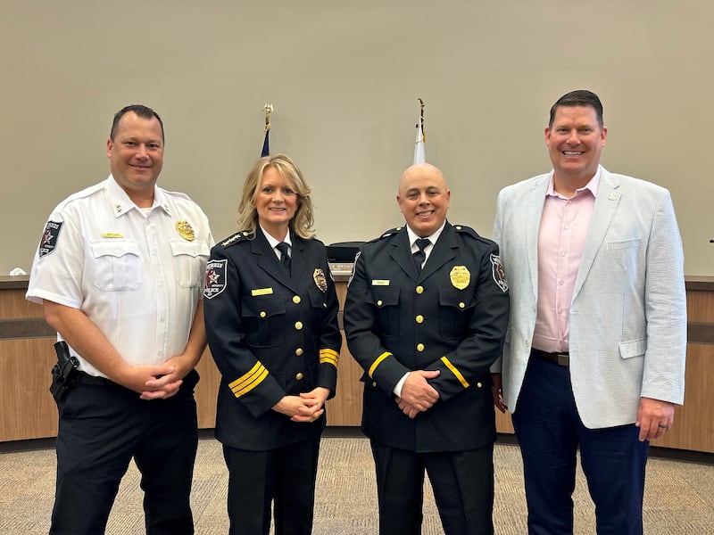 Deputy Chief Chad Skelton, Chief Alicia Steffes, Deputy Chief Dustin Seale, and Morris Mayor Chris Brown.