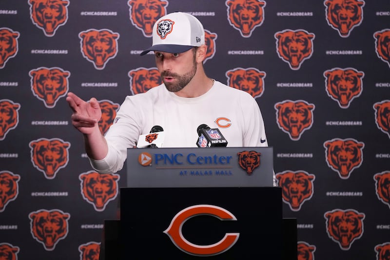 Chicago Bears offensive coordinator Declan Doyle talks to media members at a news conference after the NFL football team's rookie camp in Lake Forest, Ill., Saturday, May 10, 2025. (AP Photo/Nam Y. Huh)