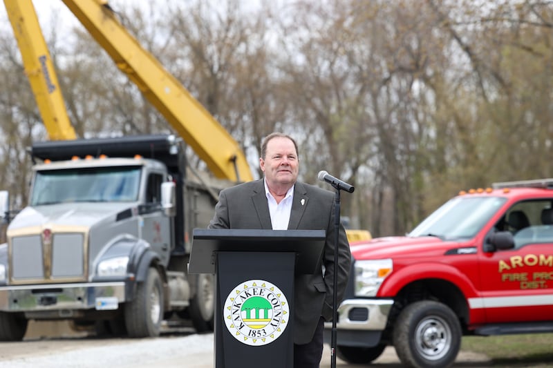 State Sen. Patrick Joyce, D-Essex, speaks at a kick-off event for the Kankakee River sediment removal project at the Aroma Park boat ramp on Tuesday, April 15, 2025. Joyce secured a $1 million grant from the state for Kankakee County for the project.