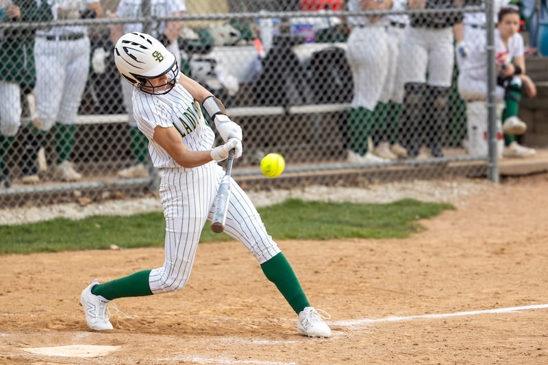 (8) of St. Bede hits single on Thursday, April 10, 2025 at St. Bede High School in Peru.