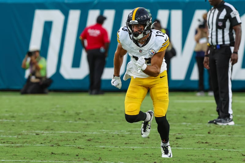 Pittsburgh Steelers wide receiver Scotty Miller (13) in action during an NFL preseason football game against the Jacksonville Jaguars, Saturday, Aug. 9, 2025, in Jacksonville, Fla. The Steelers defeated the Jaguars 31-25. (AP Photo/Gary McCullough)
