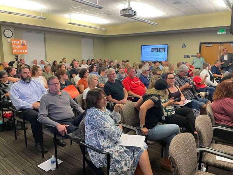 A crowd gathers for a Oct. 2, 2025 meeting of the school board in Algonquin-based District 300.
