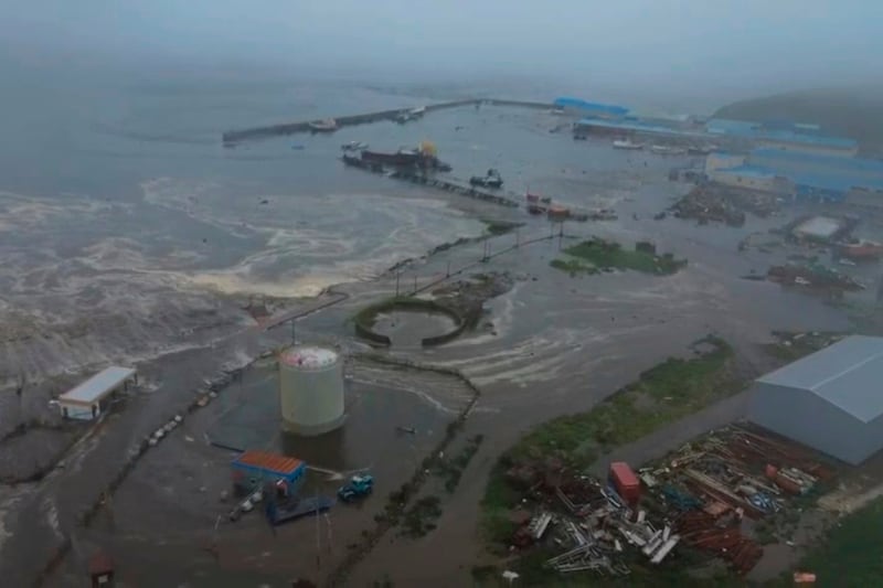 This image taken from a video released by Geophysical Service of the Russian Academy of Sciences, shows the aftermath of tsunami hitting the coastal area of Severo-Kurilsk at Paramushir island of Kuril Islands, Russia, Wednesday, July 30, 2025. (Geophysical Service of the Russian Academy of Sciences via AP)