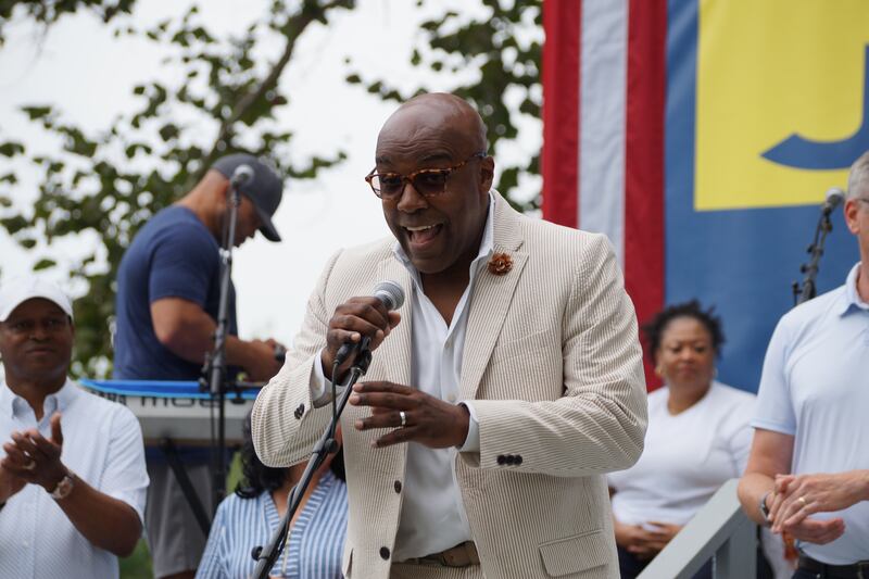 Illinois Attorney General Kwame Raoul speaks to attendees at Governor’s Day at the Illinois State Fair.