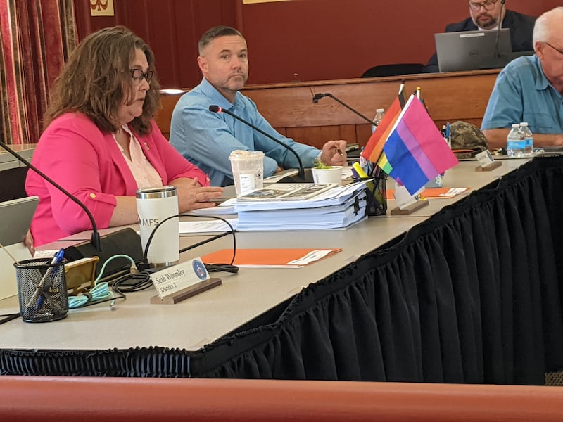 Kendall County Board member Brooke Shanley, left, spoke at the June 17 Kendall County Board meeting about the need for the board to adopt a resolution recognizing Pride Month.