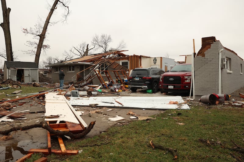 Damage is seen along Elmwood Drive in Aroma Park  on March 11, 2026 following a March 10 tornado that passed through Kankakee County.