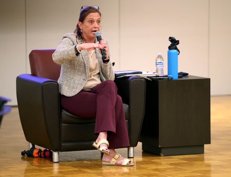 State Rep. Amy “Murri” Briel, D-Ottawa, talks Friday, July 11, 2025, about some of the difficulties facing Illinois residents during her town hall at at Northern Illinois University’s Holmes Student Center in DeKalb. Briel will be hosting town halls later this year in Oglesby and Utica.