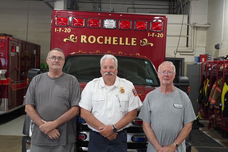 Shown from left to right are former Rochelle Fire Department Chief Tom McDermott (RFD 1978-2009), Current RFD Chief Dave Sawlsville (1980-present) and Retired RFD Firefighter/EMT Arlen “Buzz” Harms (RFD 1972-2002).