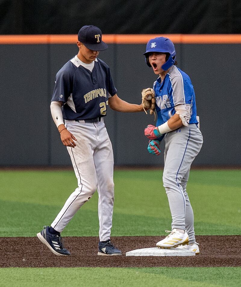 Newman’s Garret Matznick celebrates a lead off double against Teutopolis Friday, June 6, 2025, during the Class 2A state semifinal at Illinois Field in Champaign.