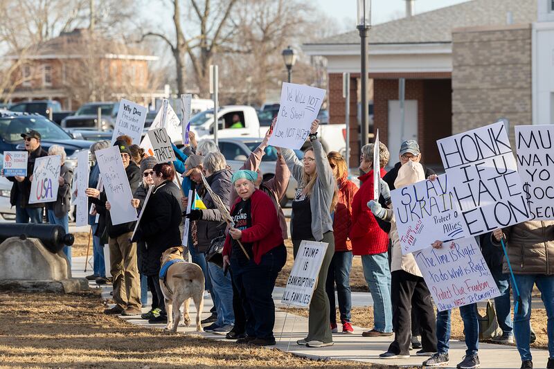 Over 250 protestors gathered Tuesday, Feb. 25, 2025, at Grandon Civic Center in Sterling to voice their feelings about the Trump administration, Elon Musk and other topics of contention. The demonstration was organized by Action for a Better Tomorrow Sauk Valley.