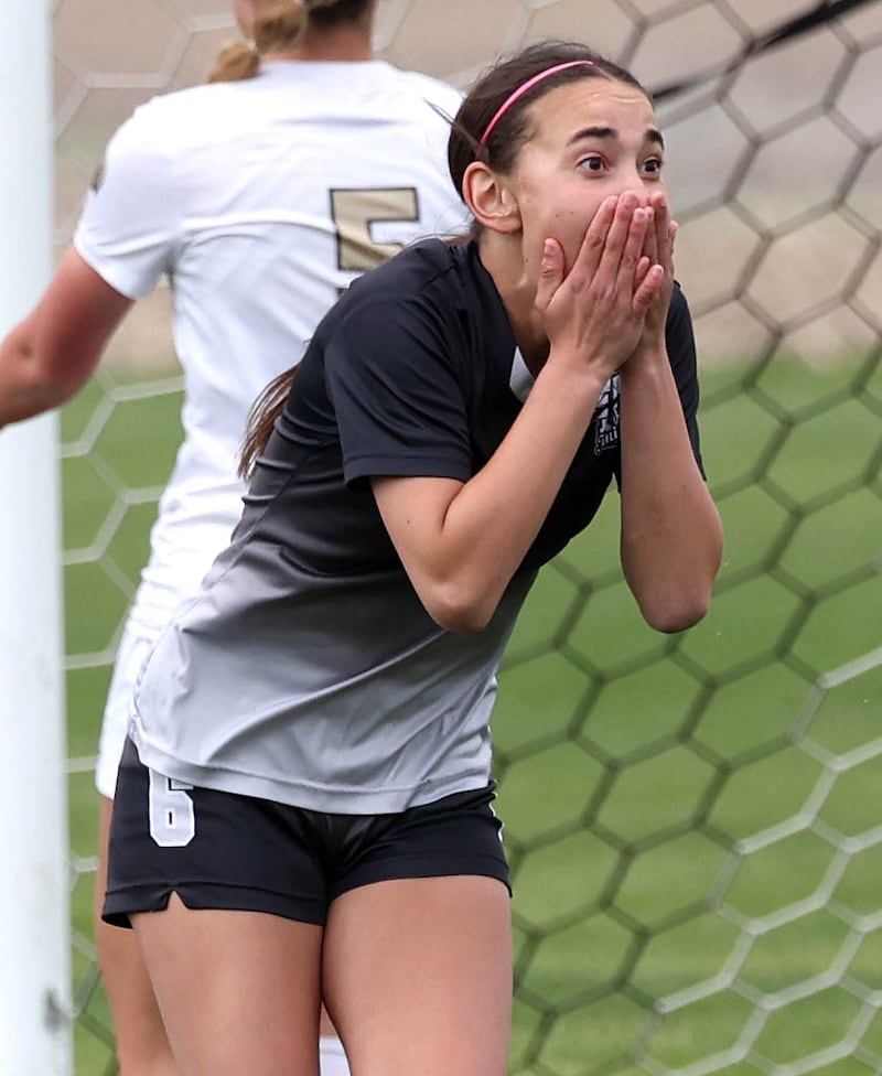 Kaneland's Taylor Mills is surprised after scoring a goal against Sycamore Wednesday, April 30, 2025, during their game at Kaneland High School in Maple Park.