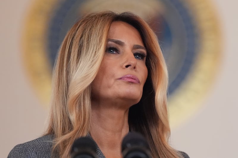 First lady Melania Trump speaks to reporters Thursday, April 9, 2026, in the Grand Foyer of the White House in Washington. (AP Photo/Jacquelyn Martin)