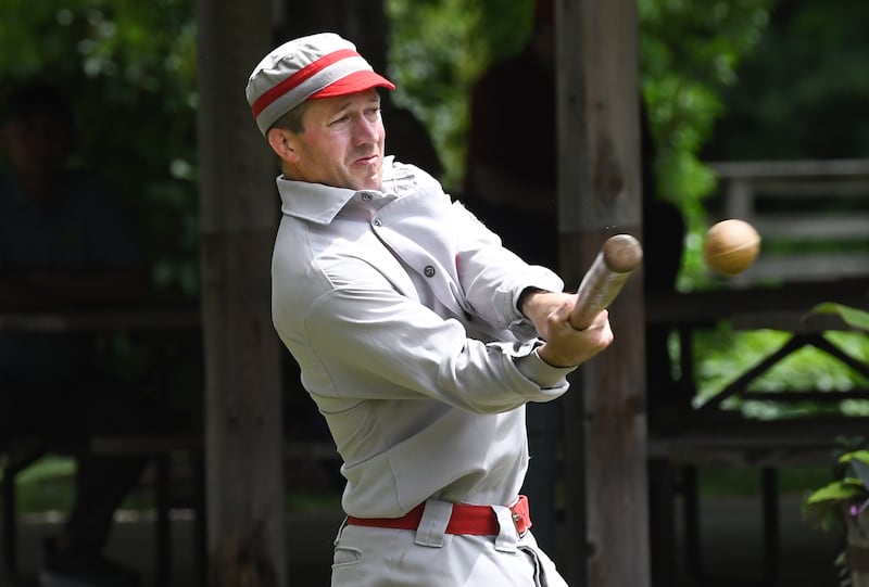 Oregon Ganymede Eric "The Liberator" Berg bats against the Plowboys during a vintage base ball game on Saturday, June 13, 2026, at the John Deere Historic Site in Grand Detour.