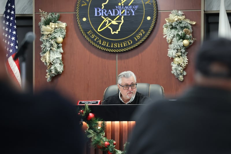 Bradley Mayor Mike Watson leads the the village Bradley board meeting on Monday, Dec. 8, 2025.