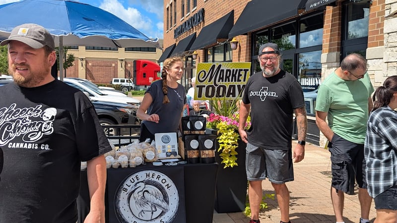 Jamie Albert, co-owner of Will County Brewing Company in Shorewood, is seen with Kim Whisenhunt, owner of Blue Heron Bagels in Shorewood, at the "Meet the Makers" event at Will County Brewing Company in Shorewood on Sunday, Aug. 24, 2025.