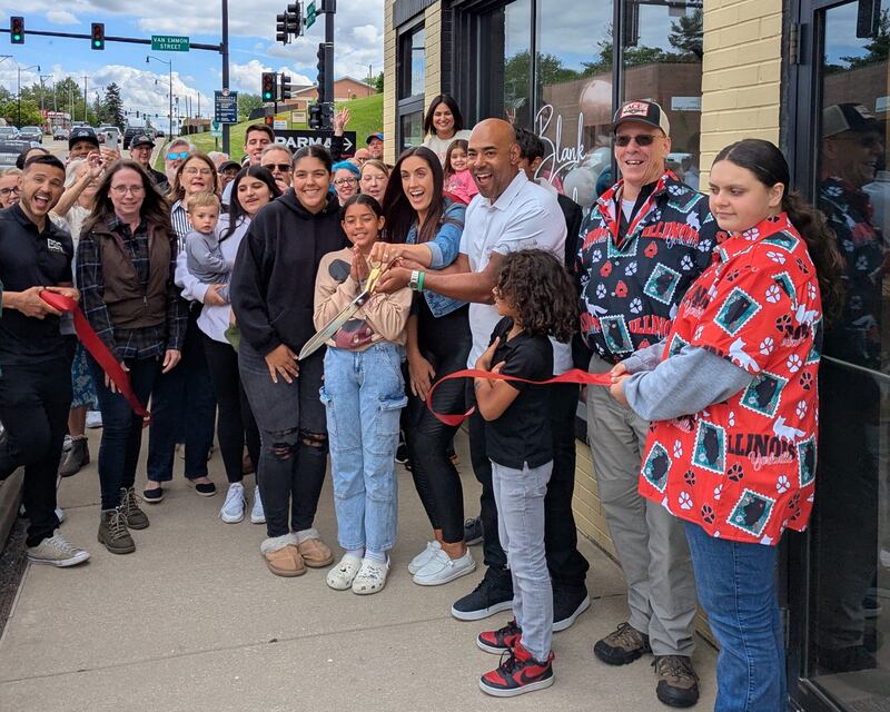 Owners Earl and Stephanie Homes celebrated a ribbon-cutting ceremony for Blank SL8 Events in Yorkville, with Yorkville Mayor John Purcell and the Yorkville Area Chamber of Commerce.