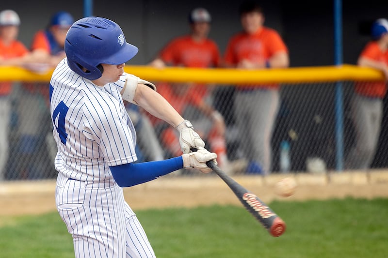 Newman’s Jameson Hanlon drives one in the gap to plate two for double against Eastland Wednesday, April 15, 2026.