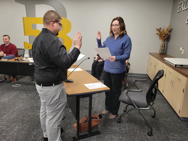 Stacey Moore takes an oath of office after being appointed to the Bourbonnais Elementary District 53 School Board on Wednesday, March 18, 2026.