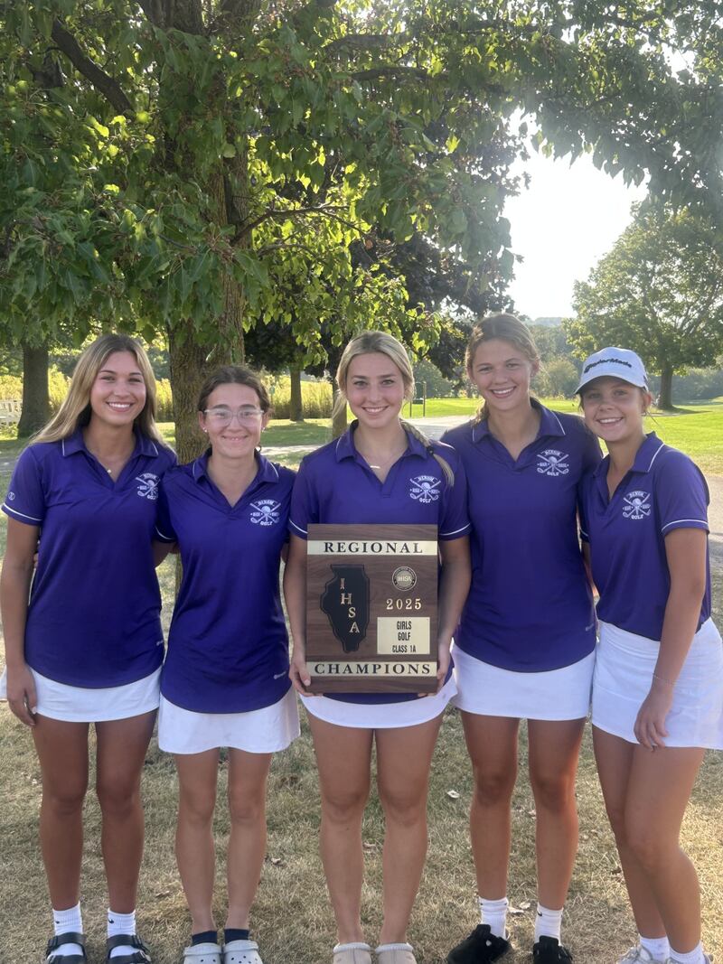The Dixon girls golf team poses after winning the Class 1A Eastland Regional title at Lake Carroll on Tuesday, Sept. 30, 2025. Pictured left to right are Leah Byrnes, Caitlin Flanagan, Reese Dambman, Zoey Williams and Rachel Drew.