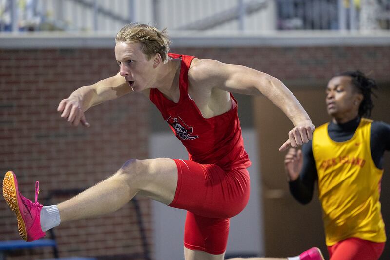 Ottawa’s Weston Averkamp finishes the 300-meter hurdles race in first place during the Sterling High School Night Relays this past season.