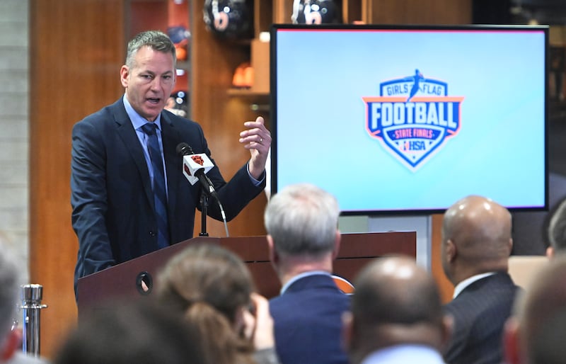 The IHSA Executive Director Craig Anderson announces that girls flag football will be a sanctioned sport with a state championship played in October. The announcement was made during a press conference at the Chicago Bears' Halas Hall on Wednesday, Feb. 14, 2024 in Lake Forest.