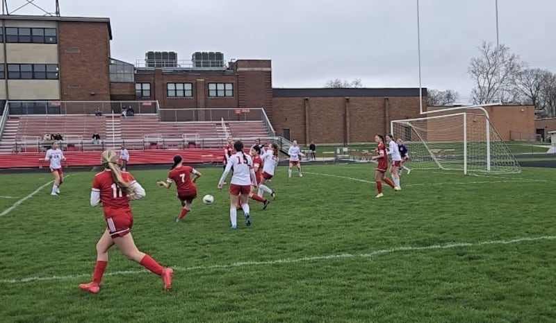 Ottawa's Georgia Kirkpatrick (7) kicks in one of her five goals during the Pirates' 7-1 victory over Streator in Saturday's match at King Field.