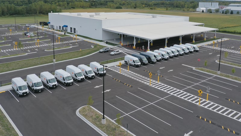 An aerial view off Amazon last-mile delivery facility on Tuesday, Sept. 9, 2025, in the Ottawa Industrial Park.. The 50,800-square-foot warehouse will be an addition to Amazon's regional logistics network, helping streamline package delivery to residents and businesses across the region.