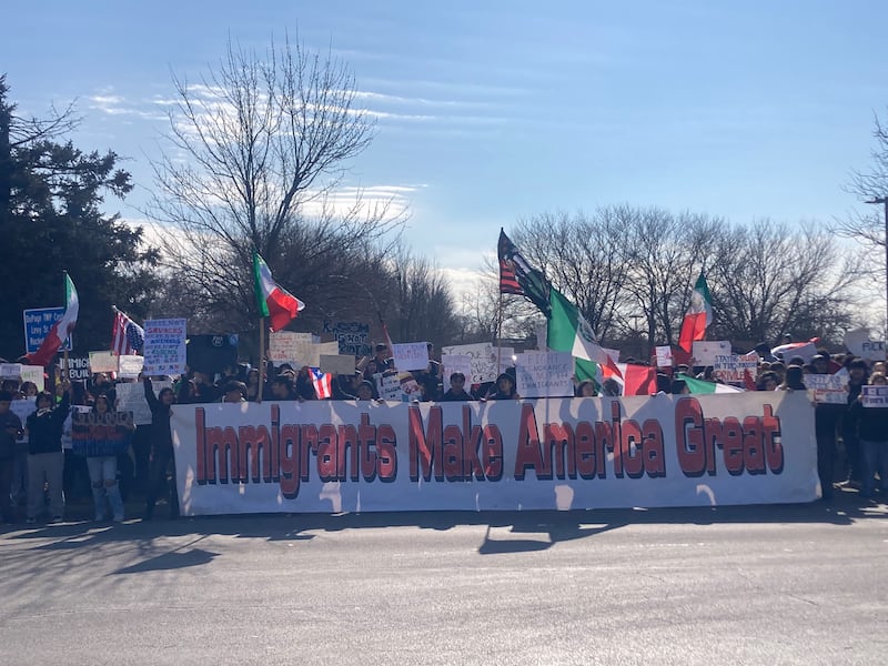 Several hundred high school students gather in front of the Bolingbrook Police Department on West Briarcliff Road after staging a school walk out to protest the actions of Immigration and Customs Enforcement activities across the country on Friday, Feb. 13, 2026.