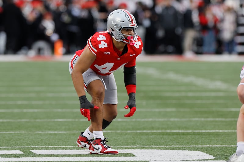 Ohio State defensive lineman JT Tuimoloau plays against Indiana during an NCAA college football game Saturday, Nov. 23, 2024, in Columbus, Ohio. (AP Photo/Jay LaPrete)