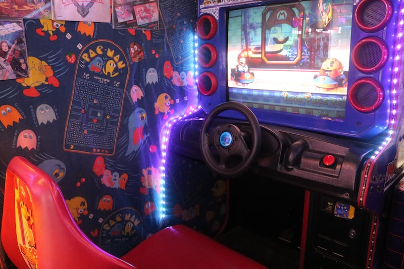 A Mario Kart series racing game machine is seen Oct. 22. 2025, at Star Worlds Arcade in DeKalb.