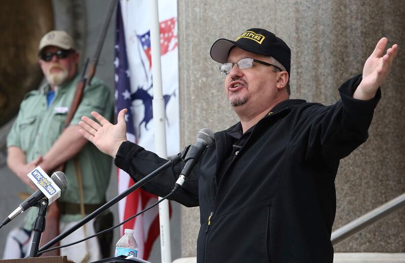 FILE - Stewart Rhodes, founder and president of the pro gun rights organization Oath Keepers speaks during a gun rights rally at the Connecticut State Capitol in Hartford, Conn., Saturday April 20, 2013. Rhodes was later convicted of seditious conspiracy in the Jan. 6, 2021 attack on the U.S. Capitol and imprisoned, but was pardoned by President Trump in January 2025.