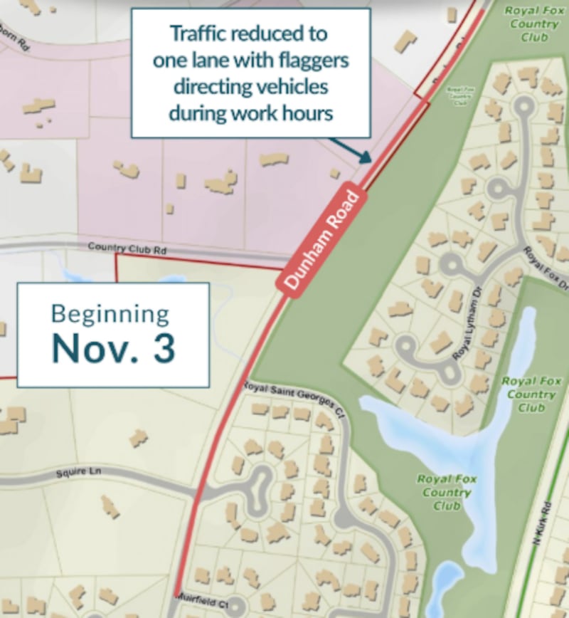 Construction crews are reducing Dunham Road in St. Charles down to one lane for the next two weeks.