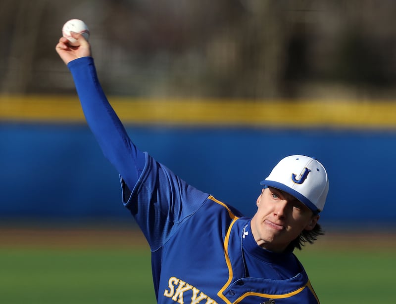Johnsburg's Peyton Mesce throws a pitch during a Kishwaukee River Conference baseball game against Richmond-Burton on Monday, April 6,2026, at Johnsburg High School.