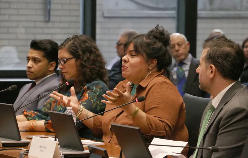 Educators and education access advocates testify at the Feb. 24, 2026 hearing of the Illinois Accountability Commission about the impacts to immigrant children amid Operation Midway Blitz. From left: Mariana Souto-Manning, Juliet de Jesus Alejandre and Seth Lavin.