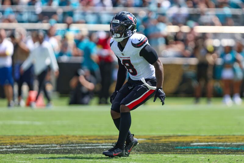 Houston Texans safety C.J. Gardner-Johnson (8) in action during an NFL football game against the Jacksonville Jaguars, Sunday, Sept. 21, 2025, in Jacksonville, Fla. The Jaguars defeated the Texans 17-10. (AP Photo/Gary McCullough)